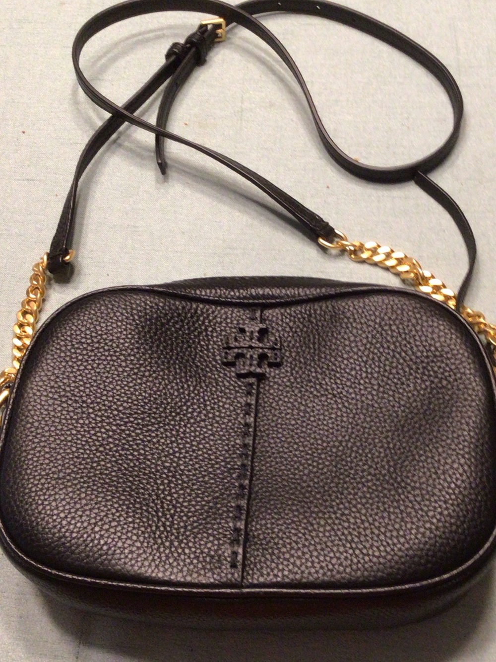Tory Burch Black Pebbled Leather Crossbody with Gold Chain Accents